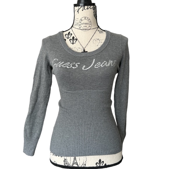 Y2K GUESS Light Grey & Silver Graphic Rhinestone Knit Long Sleeve Top - Picture 2 of 7